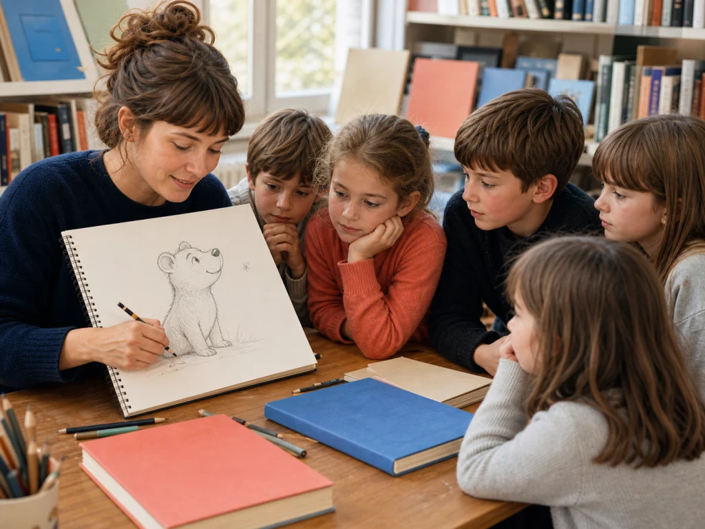 Une illustratrice présente son travail à des enfants en classe